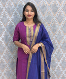 Wine Pink and Blue Color Premium Mangalagiri Cotton 3 Piece Salwar Set with Pocket / LSS228