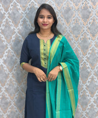 Navy Blue and Rama Green Color Premium Mangalagiri Cotton 3 Piece Salwar Set with Pocket / LSS228