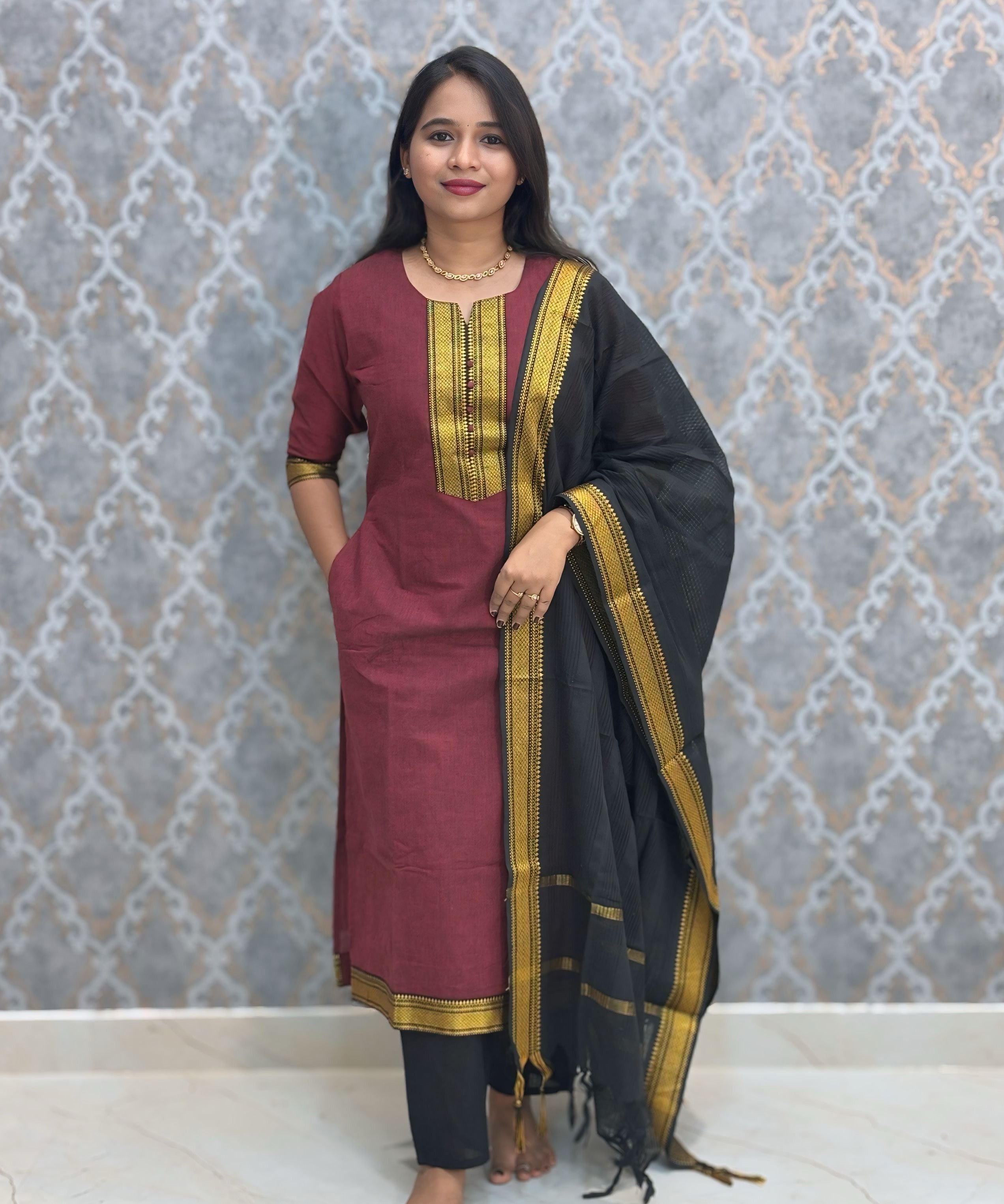 Maroon and Black Color Premium Mangalagiri Cotton 3 Piece Salwar Set with Pocket / LSS228