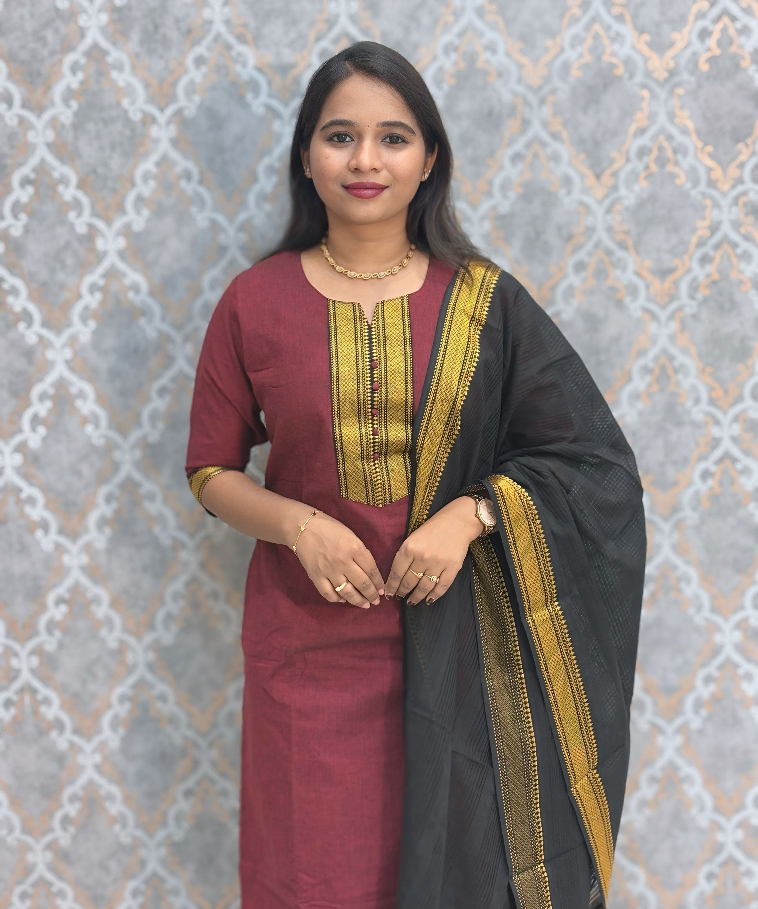 Maroon and Black Color Premium Mangalagiri Cotton 3 Piece Salwar Set with Pocket / LSS228