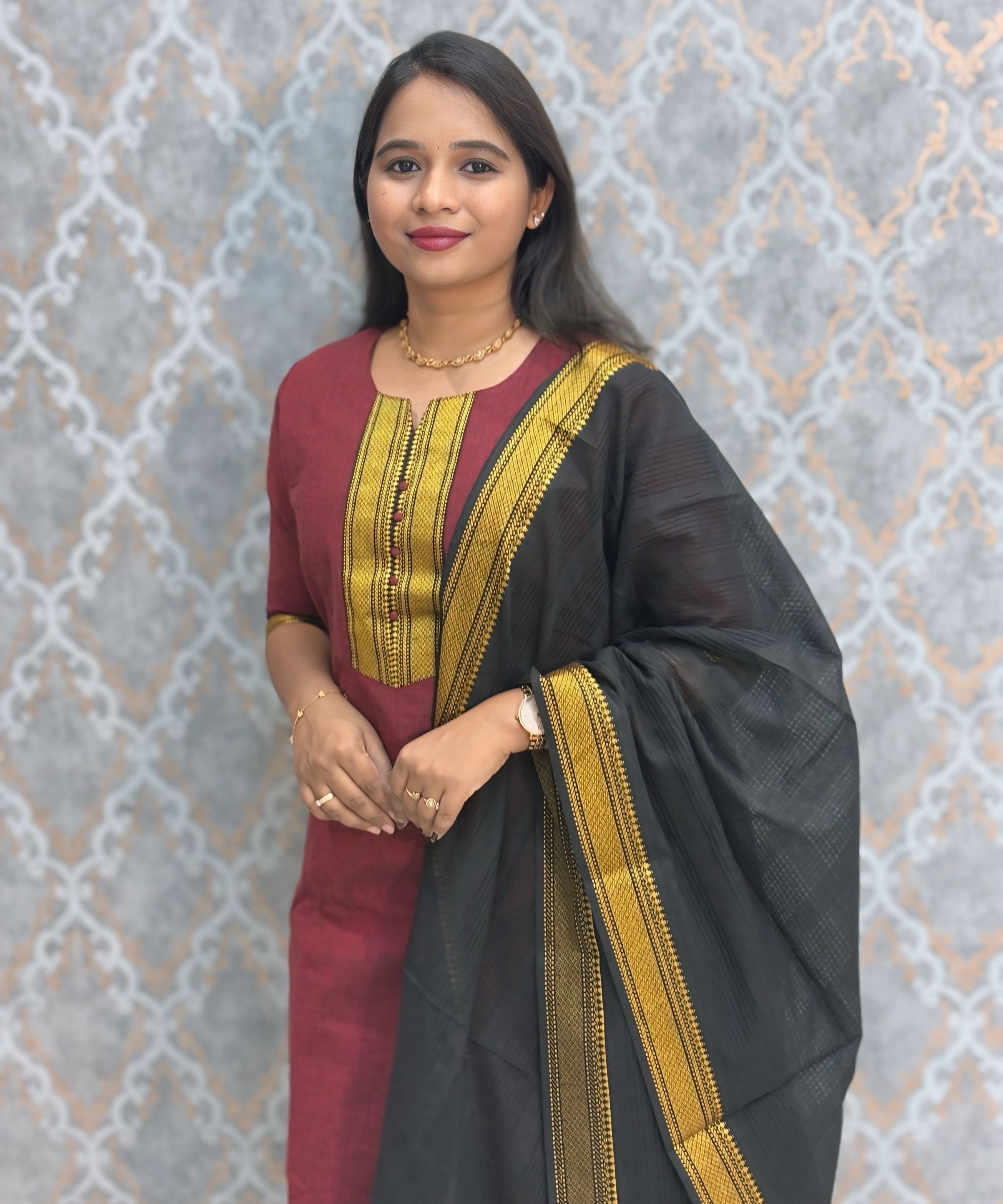 Maroon and Black Color Premium Mangalagiri Cotton 3 Piece Salwar Set with Pocket / LSS228