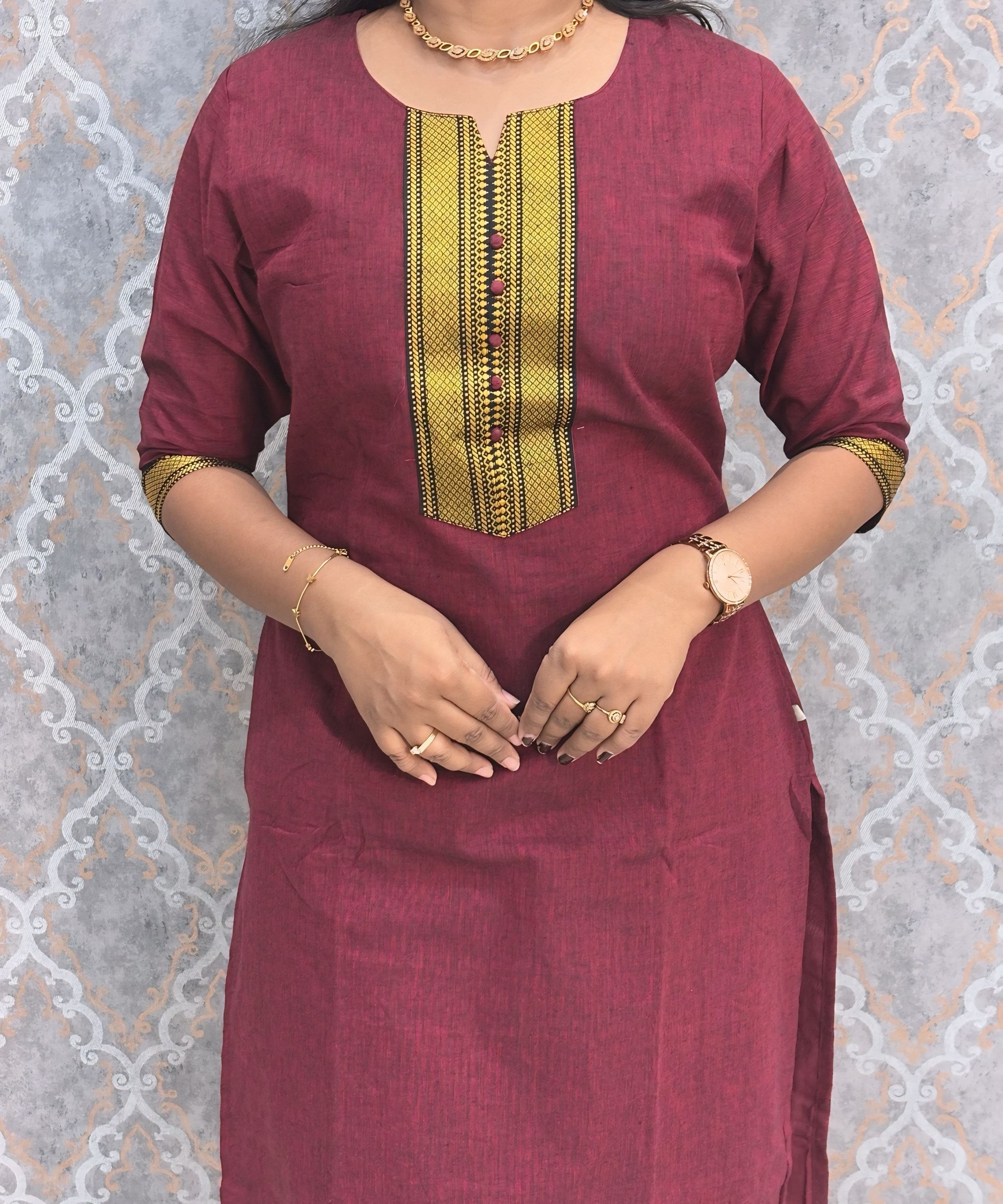 Maroon and Black Color Premium Mangalagiri Cotton 3 Piece Salwar Set with Pocket / LSS228