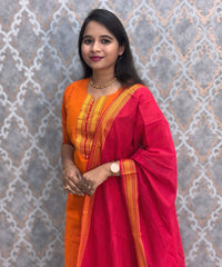 Orange and Red Color Premium Mangalagiri Cotton 3 Piece Salwar Set with Pocket / LSS228