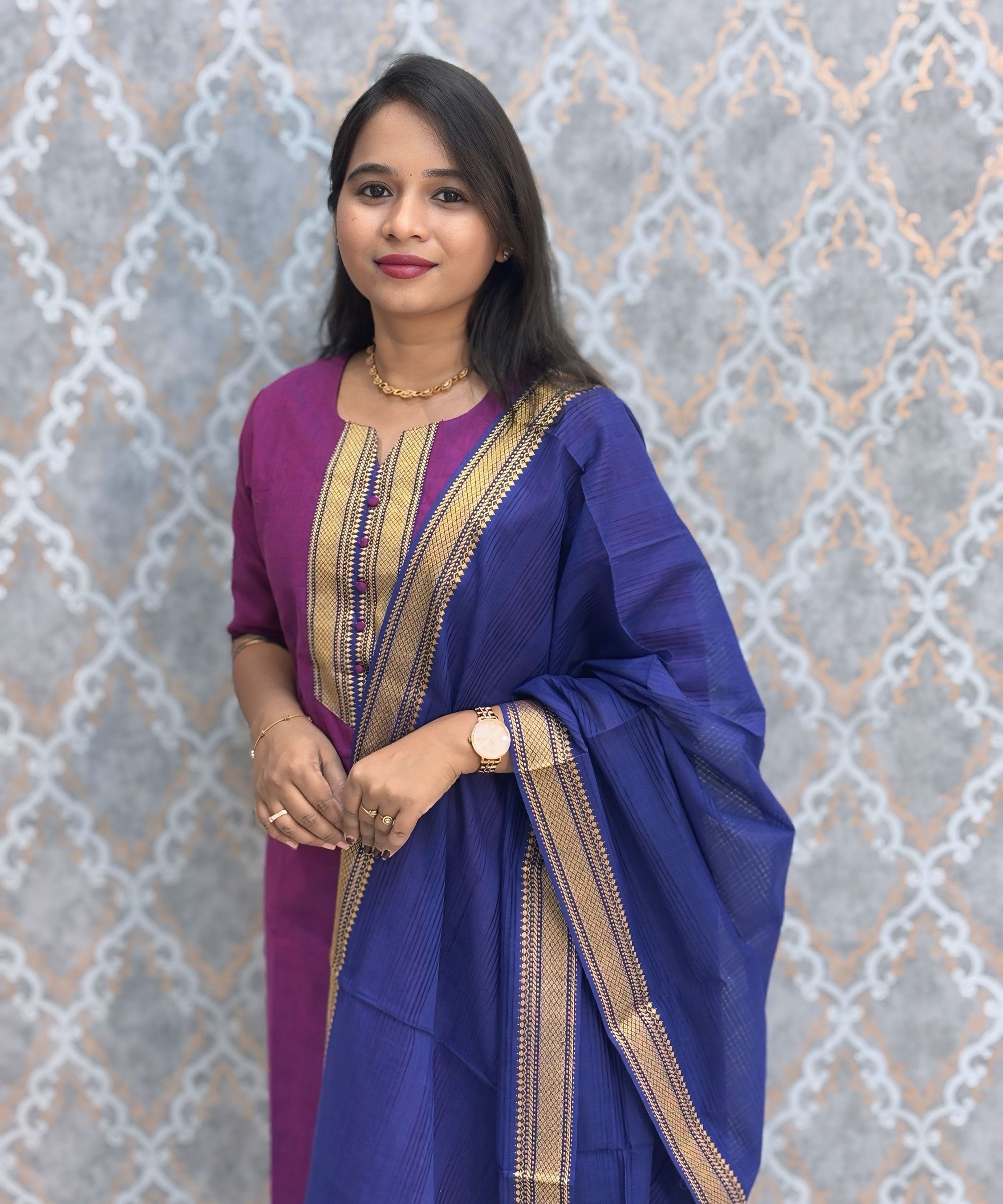 Wine Pink and Blue Color Premium Mangalagiri Cotton 3 Piece Salwar Set with Pocket / LSS228