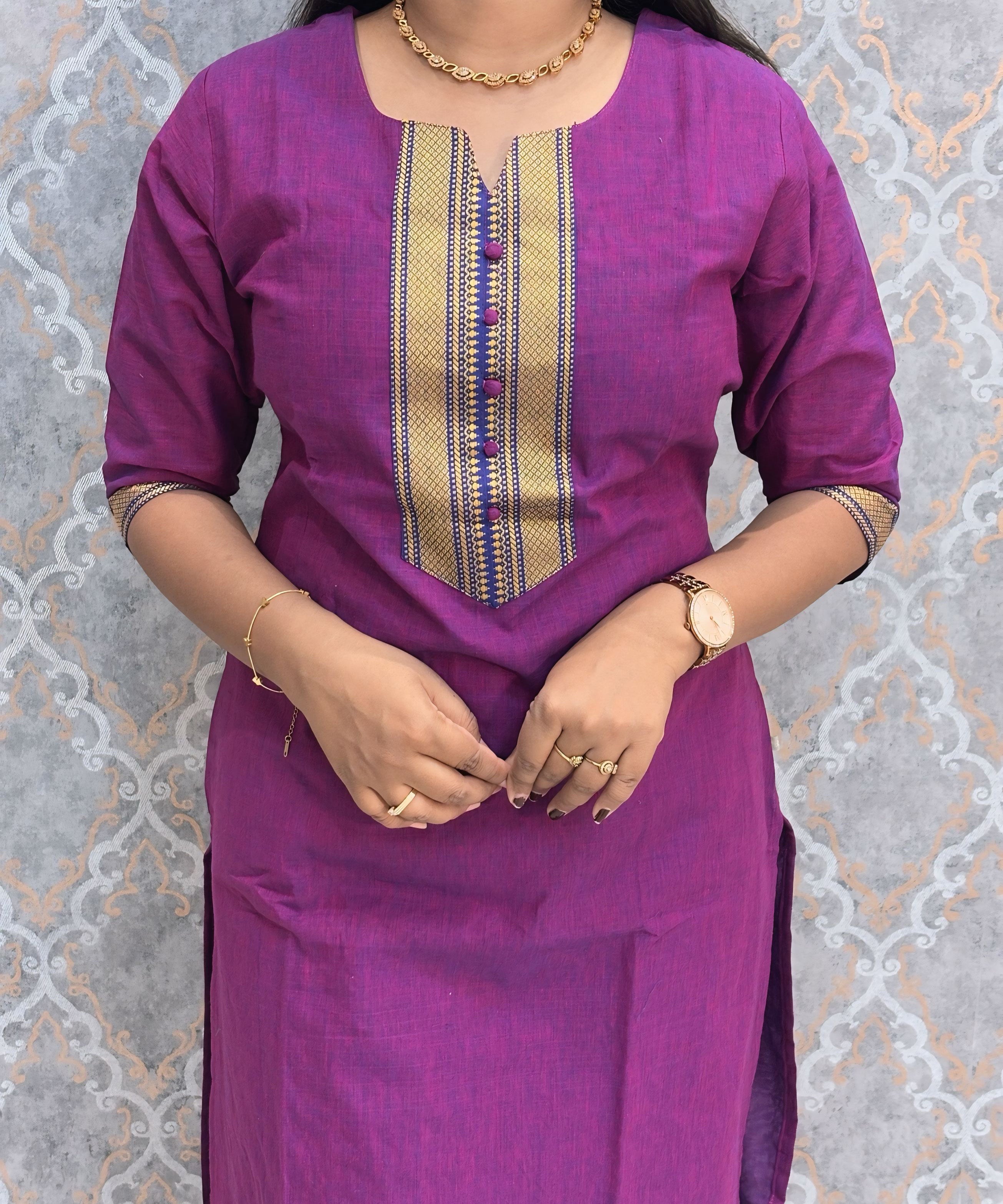 Wine Pink and Blue Color Premium Mangalagiri Cotton 3 Piece Salwar Set with Pocket / LSS228