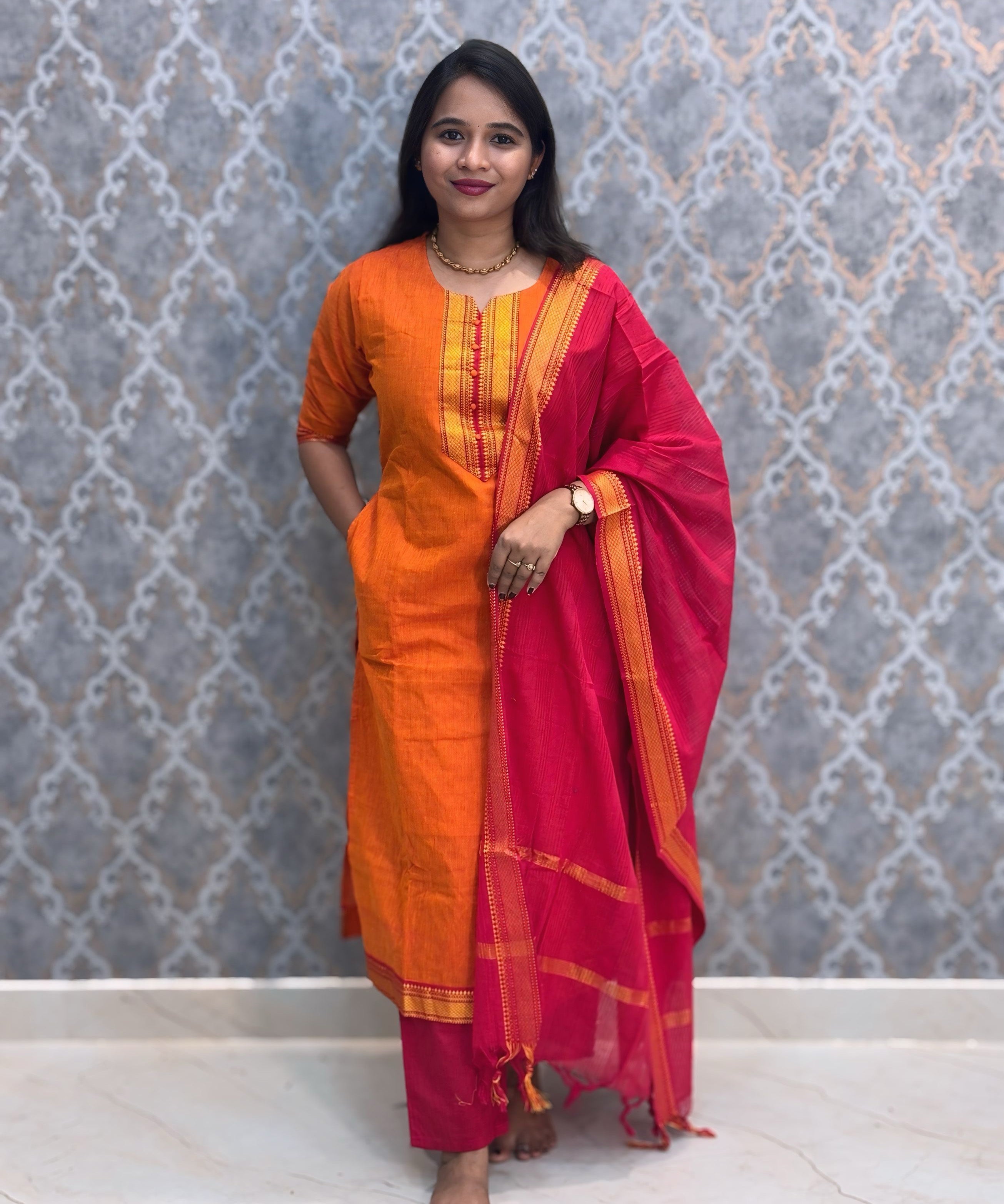 Orange and Red Color Premium Mangalagiri Cotton 3 Piece Salwar Set with Pocket / LSS228