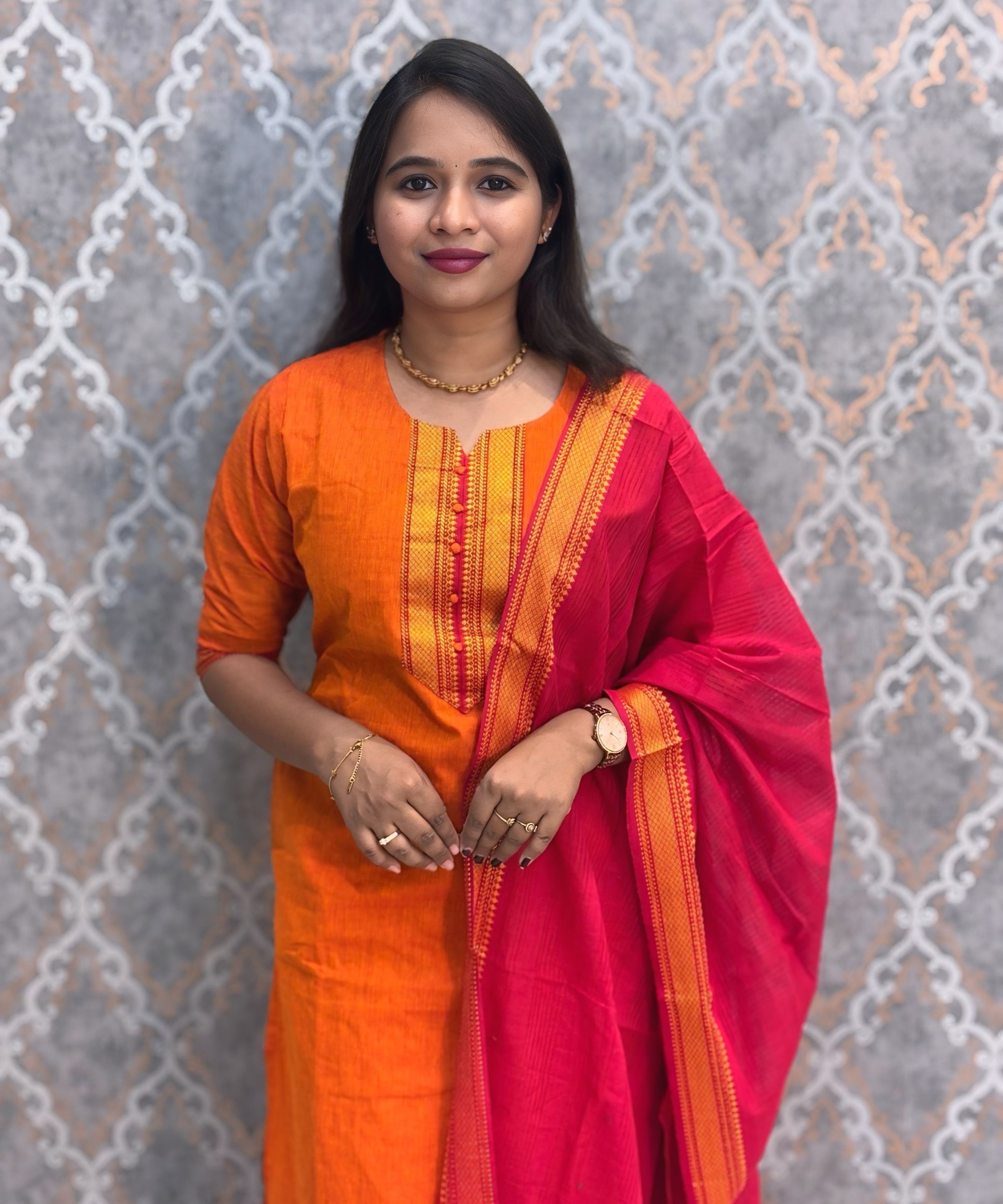 Orange and Red Color Premium Mangalagiri Cotton 3 Piece Salwar Set with Pocket / LSS228