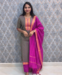 Grey with peach and Magenta Color Premium Mangalagiri Cotton 3 Piece Salwar Set with Pocket / LSS228
