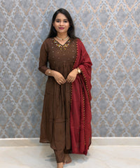 Brown and Maroon Color Premium Mul Chanderi Silk 3 Piece Salwar Set with Lining /  ESS413