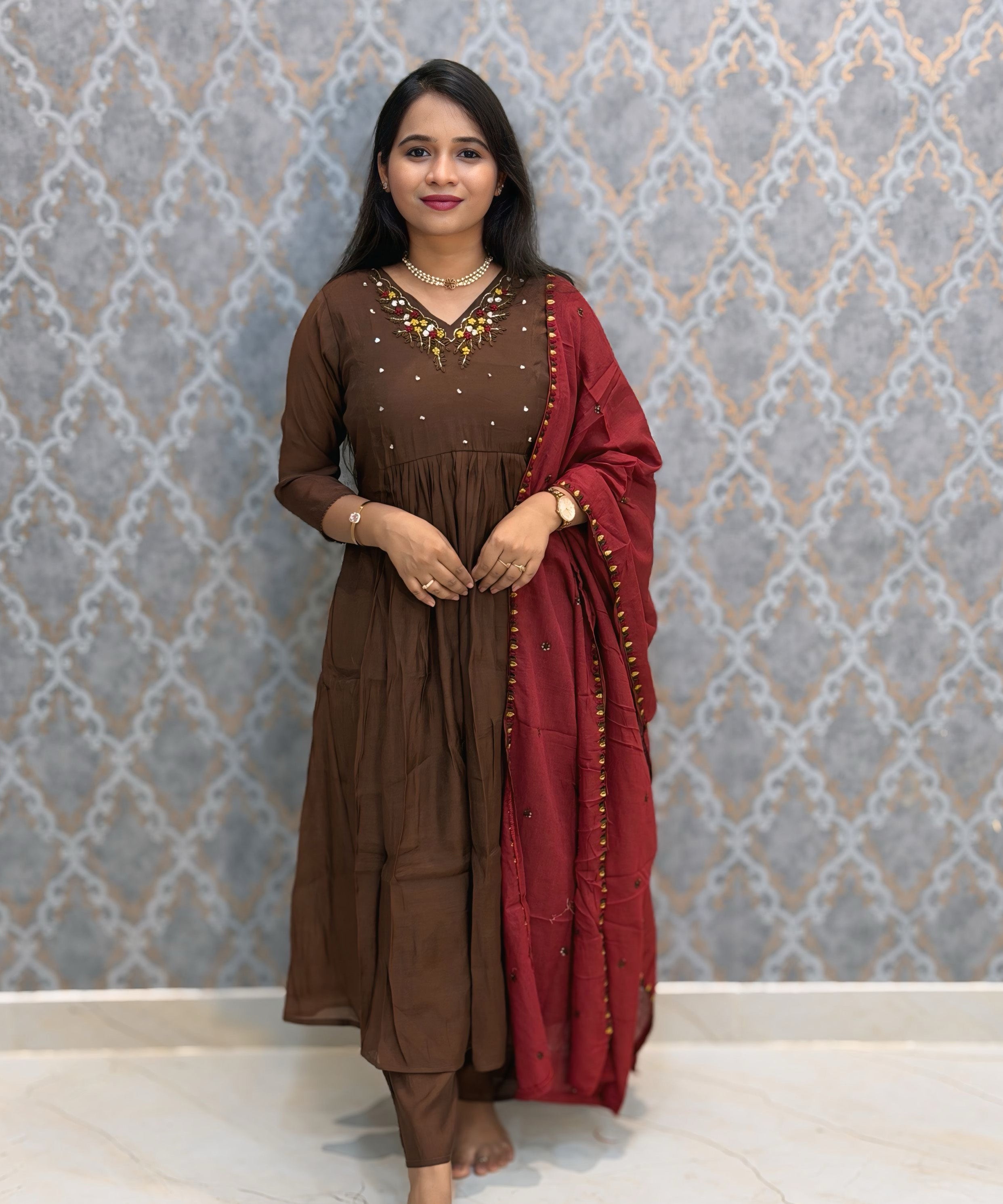 Brown and Maroon Color Premium Mul Chanderi Silk 3 Piece Salwar Set with Lining /  ESS413