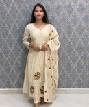 Half White Color Premium Mul Chanderi Silk 3 Piece Salwar Set with Lining /  ESS413