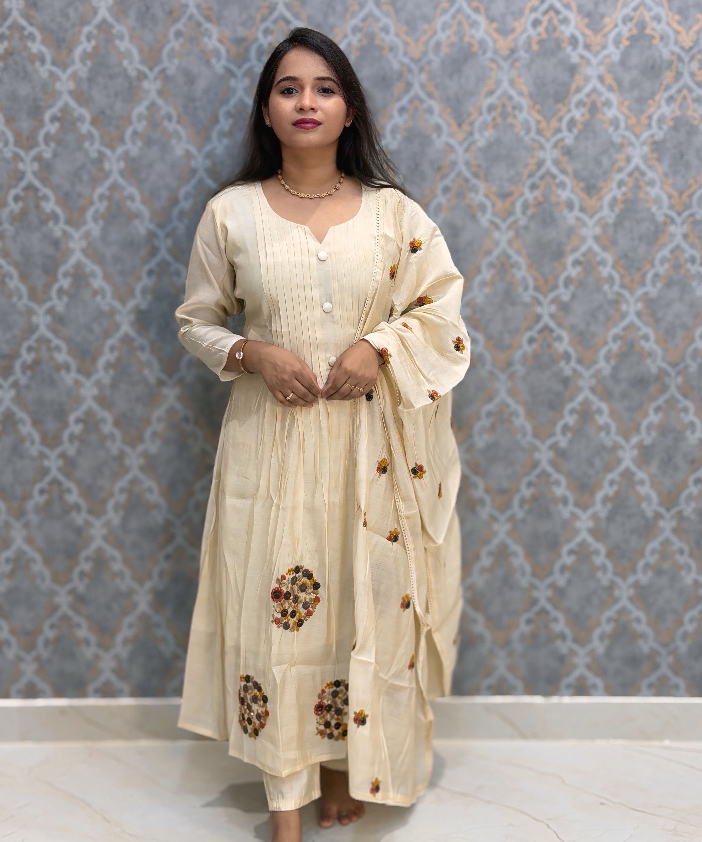 Half White Color Premium Mul Chanderi Silk 3 Piece Salwar Set with Lining /  ESS413