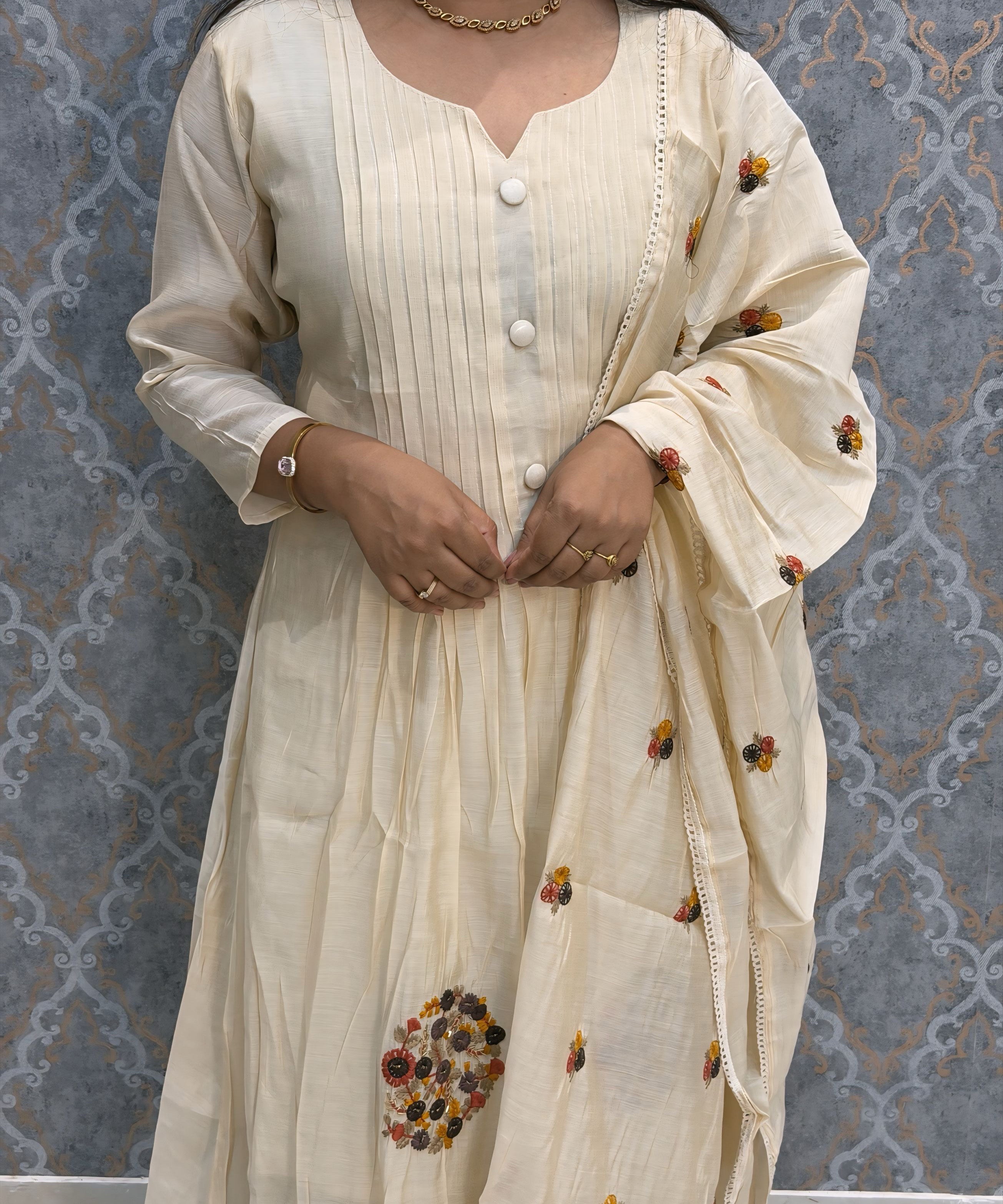 Half White Color Premium Mul Chanderi Silk 3 Piece Salwar Set with Lining /  ESS413