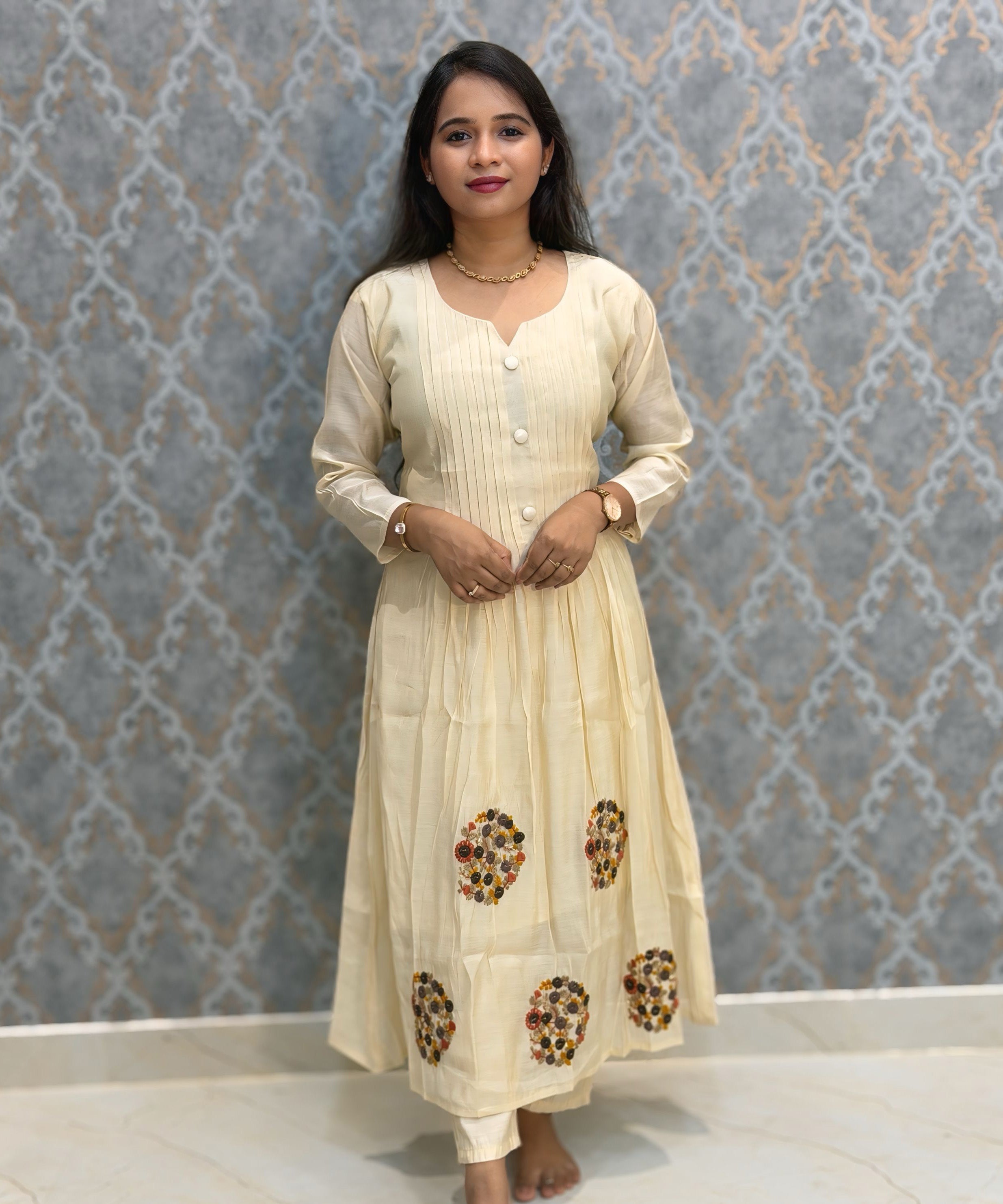 Half White Color Premium Mul Chanderi Silk 3 Piece Salwar Set with Lining /  ESS413