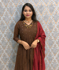 Brown and Maroon Color Premium Mul Chanderi Silk 3 Piece Salwar Set with Lining /  ESS413