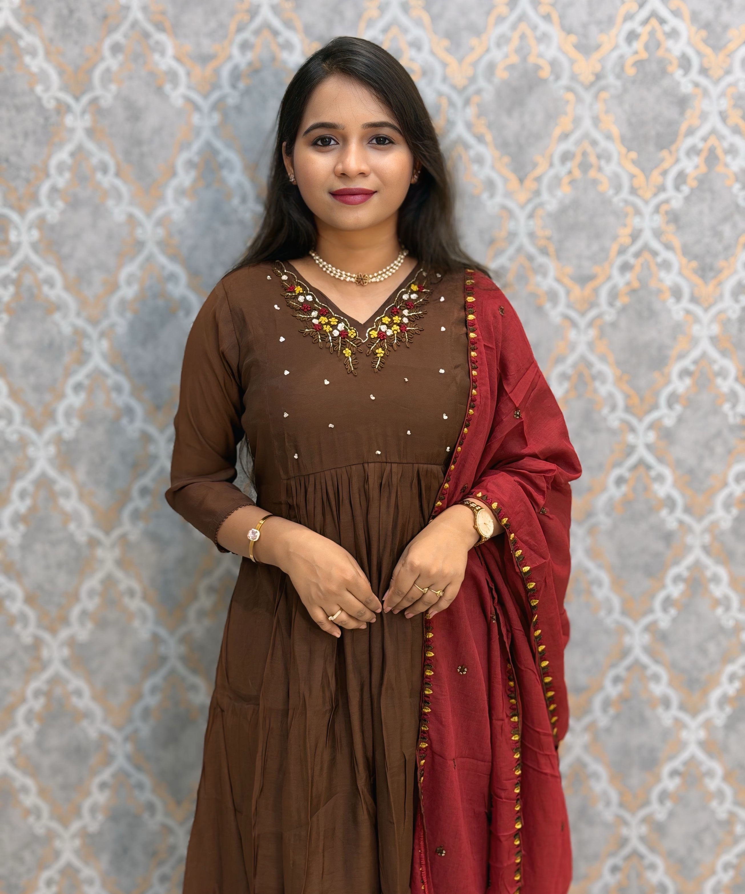 Brown and Maroon Color Premium Mul Chanderi Silk 3 Piece Salwar Set with Lining /  ESS413