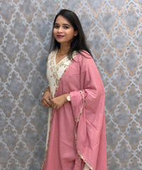 Half White and Baby Pink Color Premium Mul Chanderi Silk 3 Piece Salwar Set with Lining /  ESS413