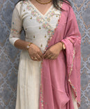 Half White and Baby Pink Color Premium Mul Chanderi Silk 3 Piece Salwar Set with Lining /  ESS413