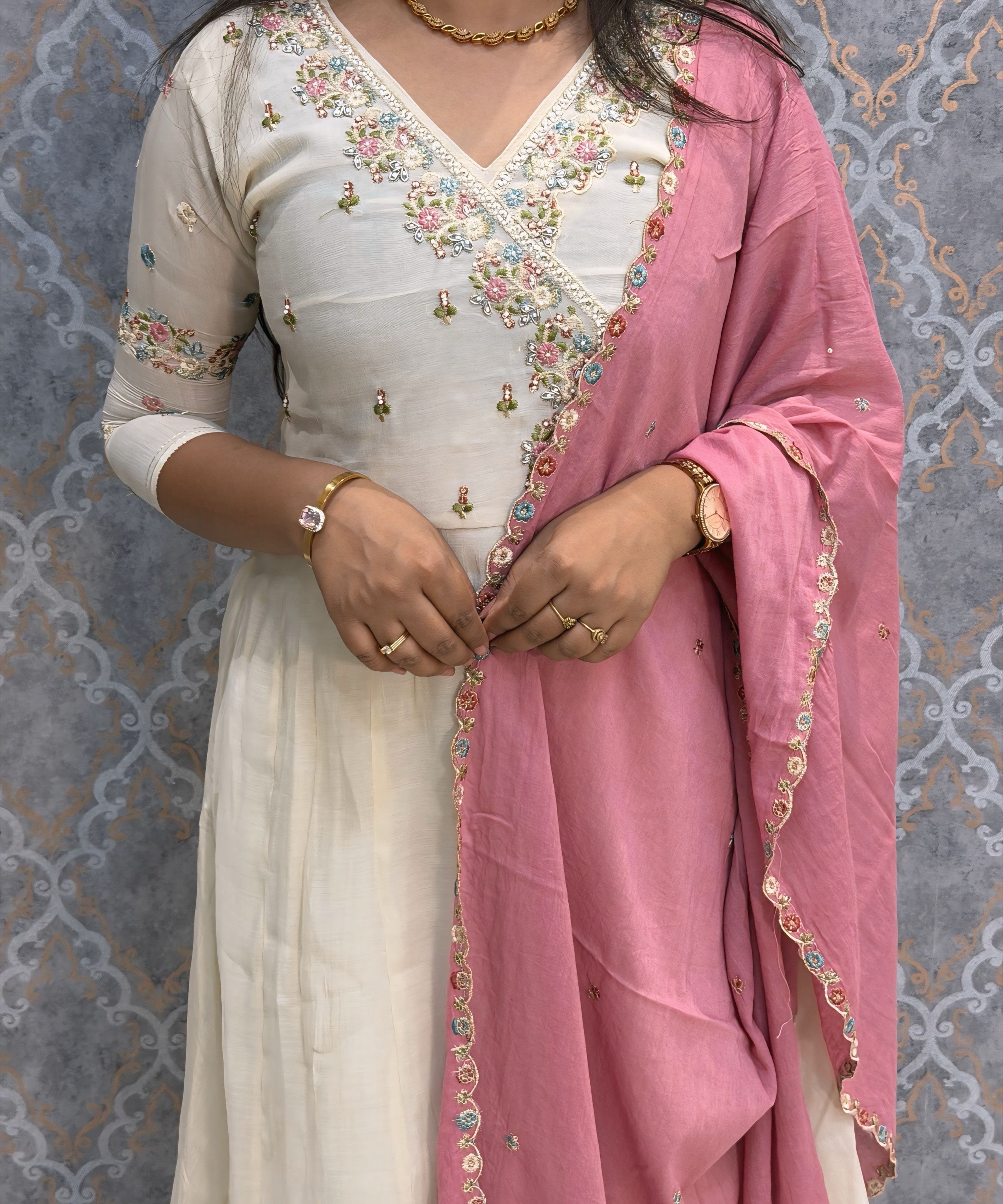 Half White and Baby Pink Color Premium Mul Chanderi Silk 3 Piece Salwar Set with Lining /  ESS413