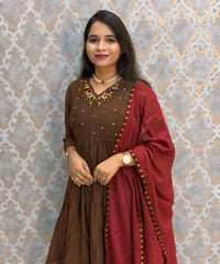 Brown and Maroon Color Premium Mul Chanderi Silk 3 Piece Salwar Set with Lining /  ESS413