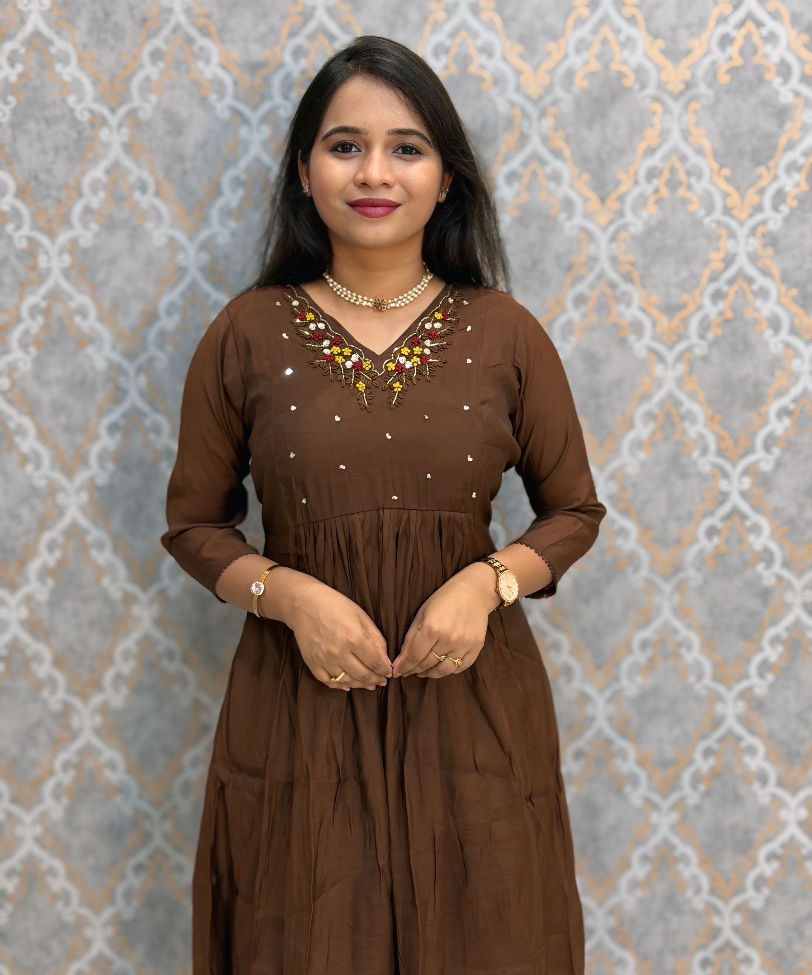 Brown and Maroon Color Premium Mul Chanderi Silk 3 Piece Salwar Set with Lining /  ESS413