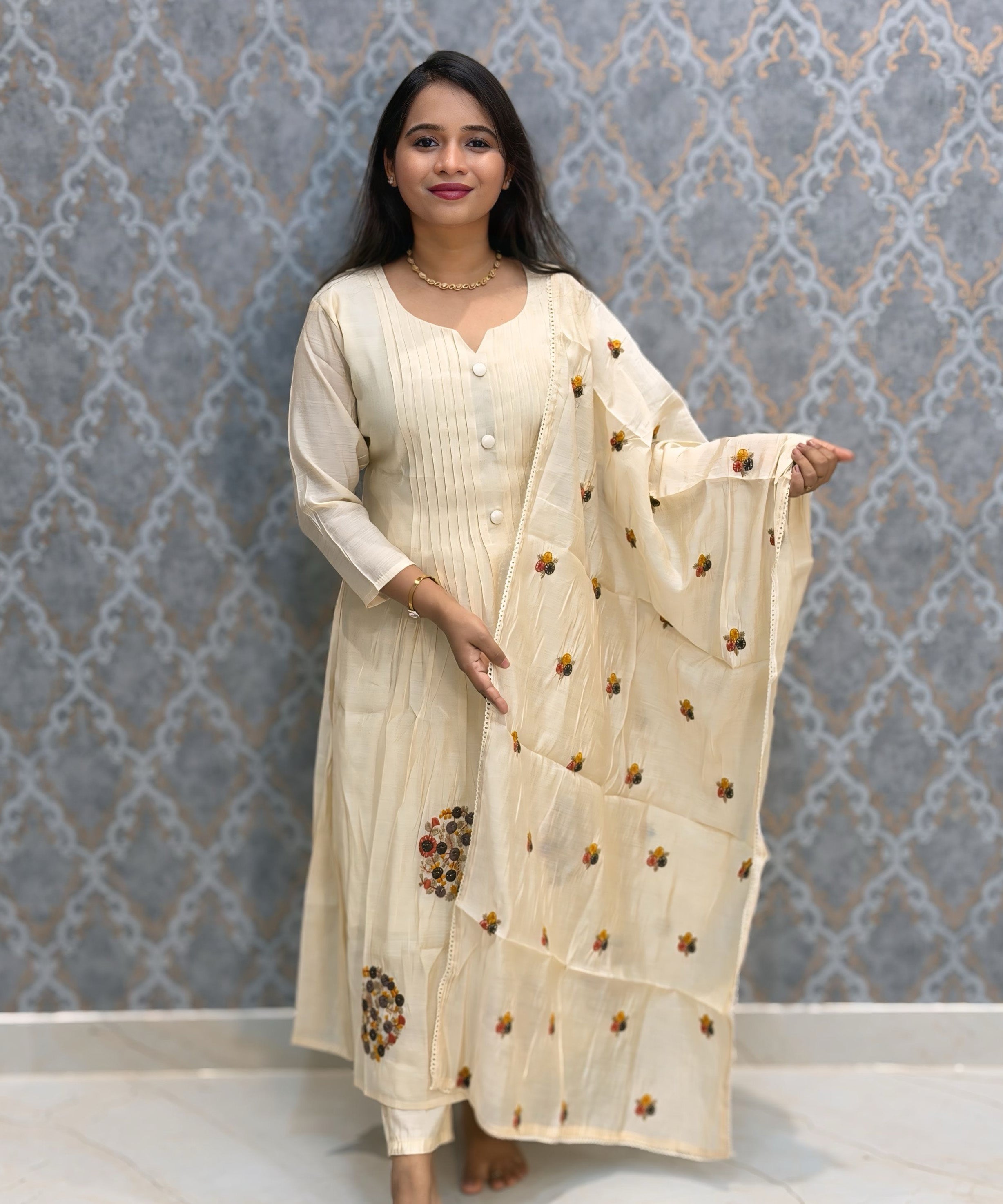 Half White Color Premium Mul Chanderi Silk 3 Piece Salwar Set with Lining /  ESS413