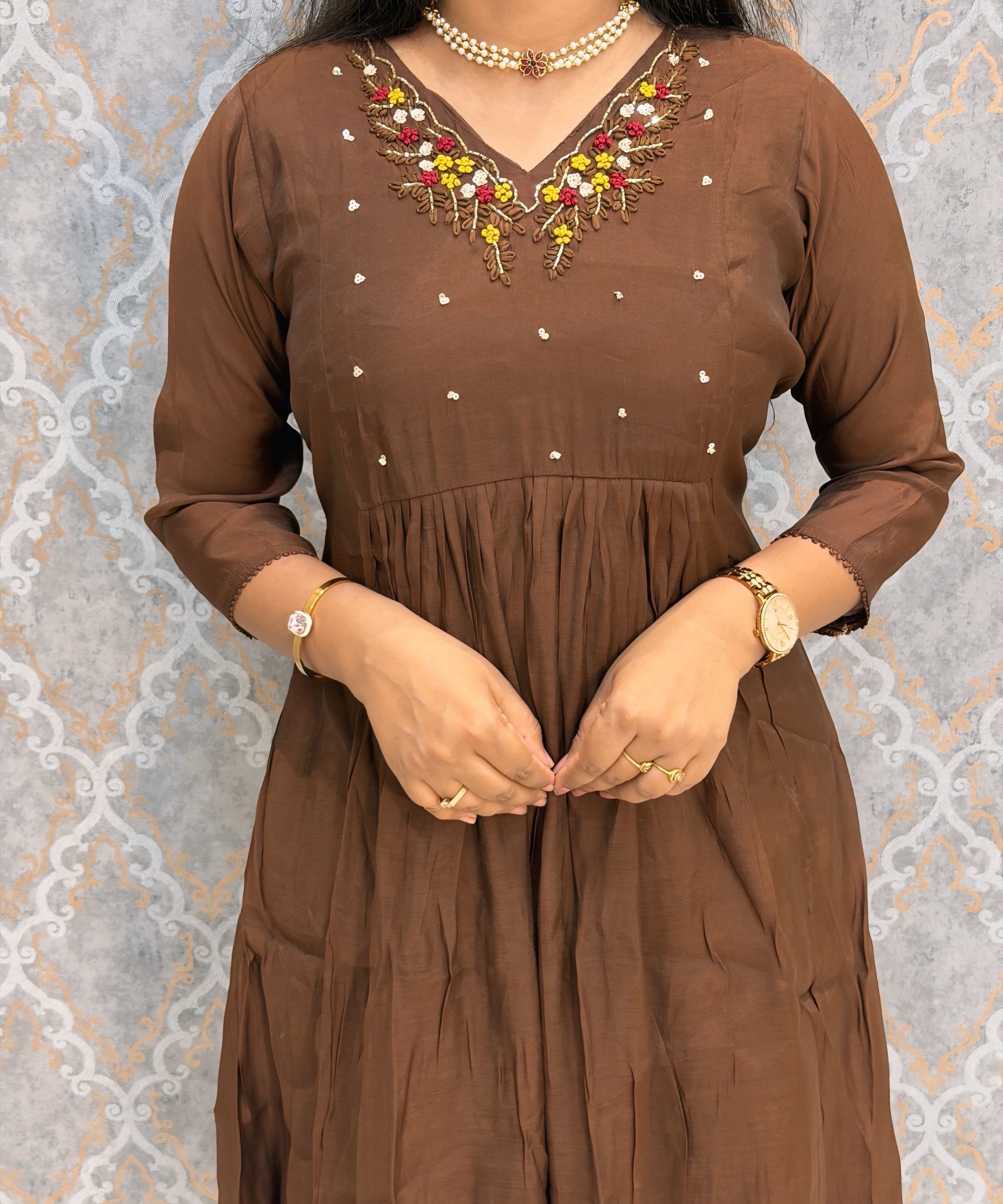Brown and Maroon Color Premium Mul Chanderi Silk 3 Piece Salwar Set with Lining /  ESS413