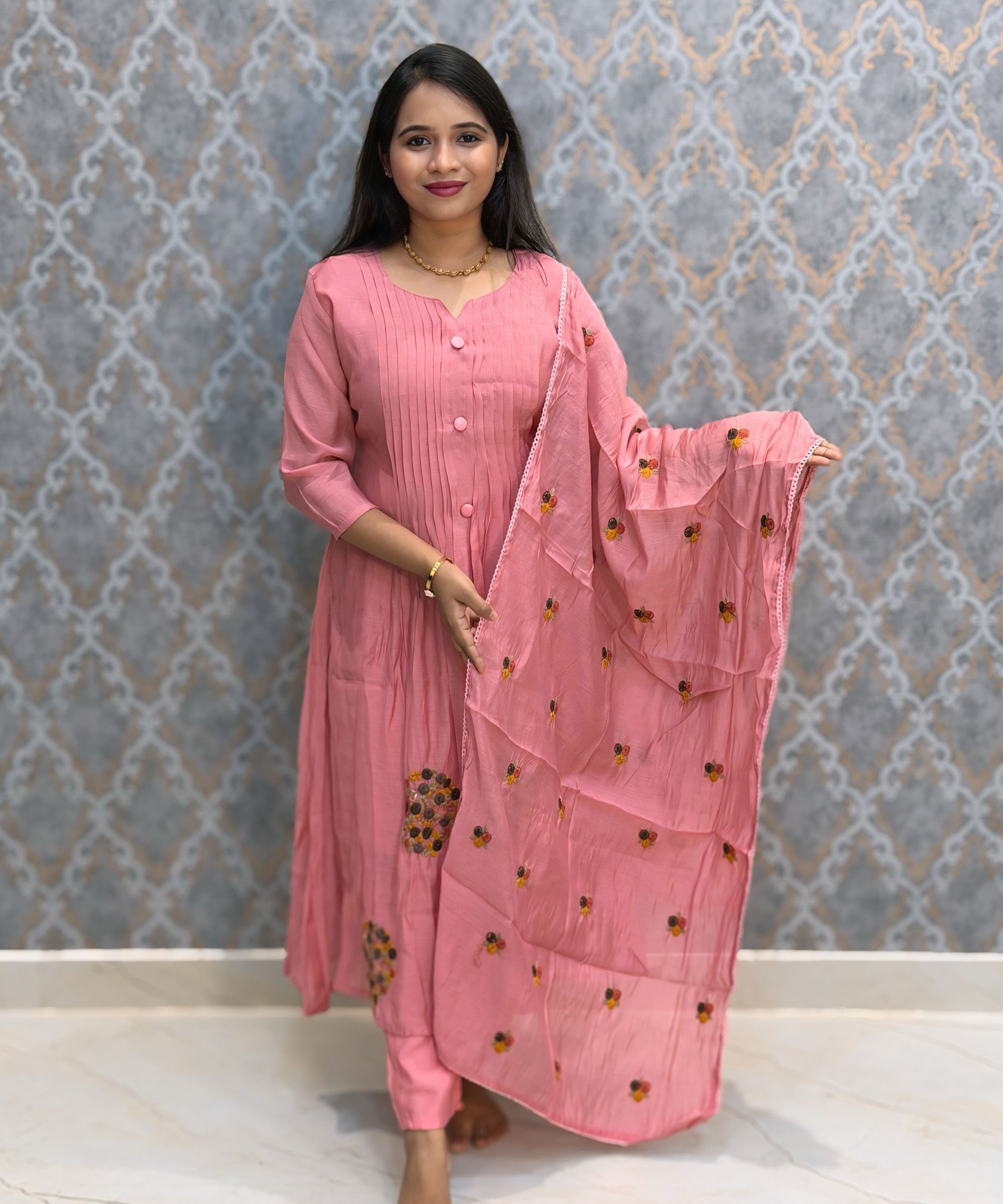 Pink Color Premium Mul Chanderi Silk 3 Piece Salwar Set with Lining /  ESS413