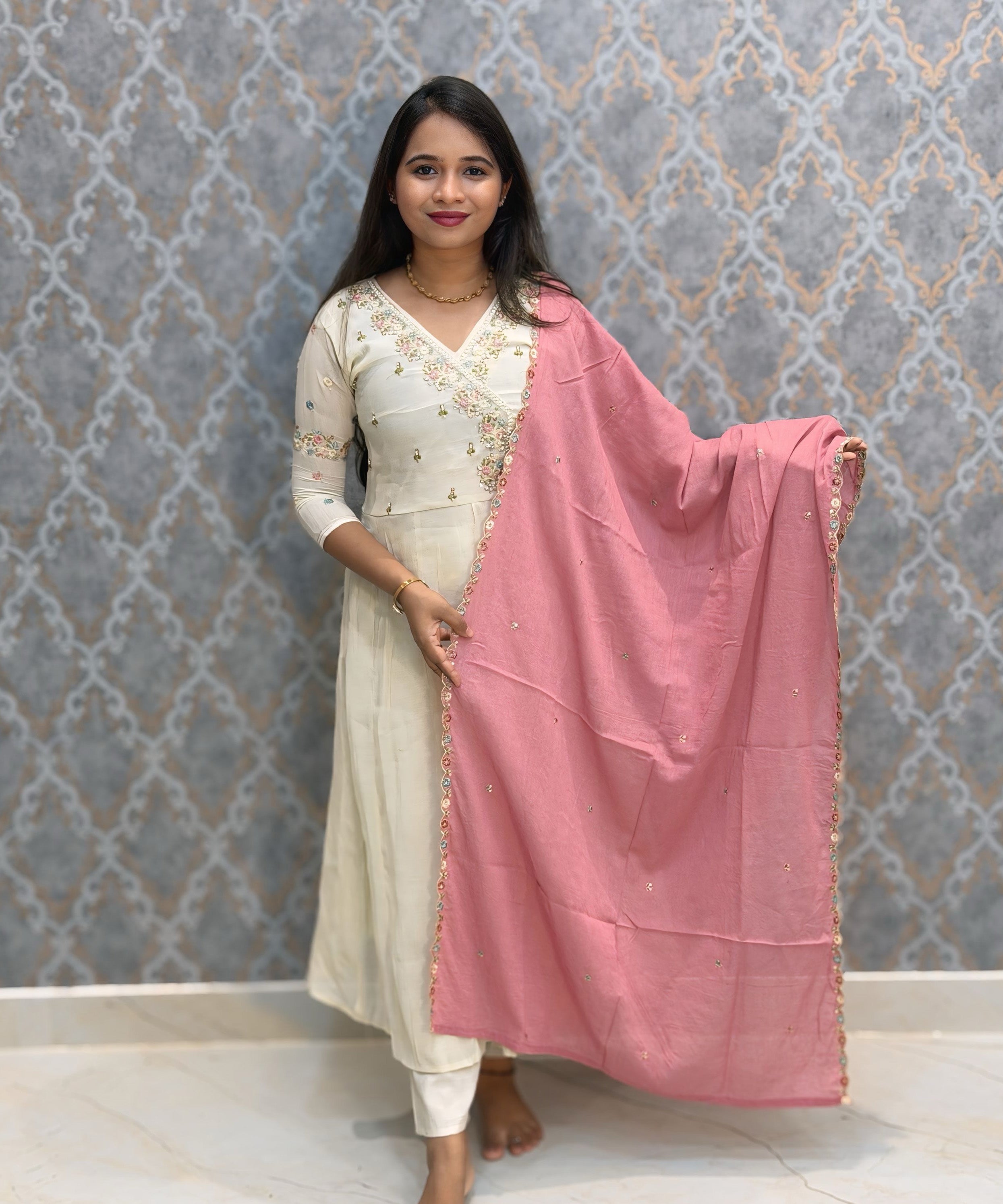 Half White and Baby Pink Color Premium Mul Chanderi Silk 3 Piece Salwar Set with Lining /  ESS413