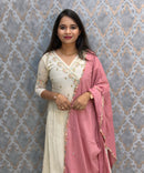 Half White and Baby Pink Color Premium Mul Chanderi Silk 3 Piece Salwar Set with Lining /  ESS413