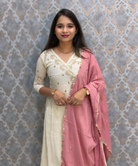 Half White and Baby Pink Color Premium Mul Chanderi Silk 3 Piece Salwar Set with Lining /  ESS413