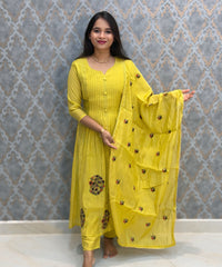 Mustard Yellow Color Premium Mul Chanderi Silk 3 Piece Salwar Set with Lining /  ESS413