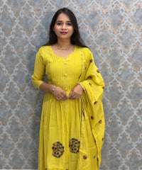 Mustard Yellow Color Premium Mul Chanderi Silk 3 Piece Salwar Set with Lining /  ESS413