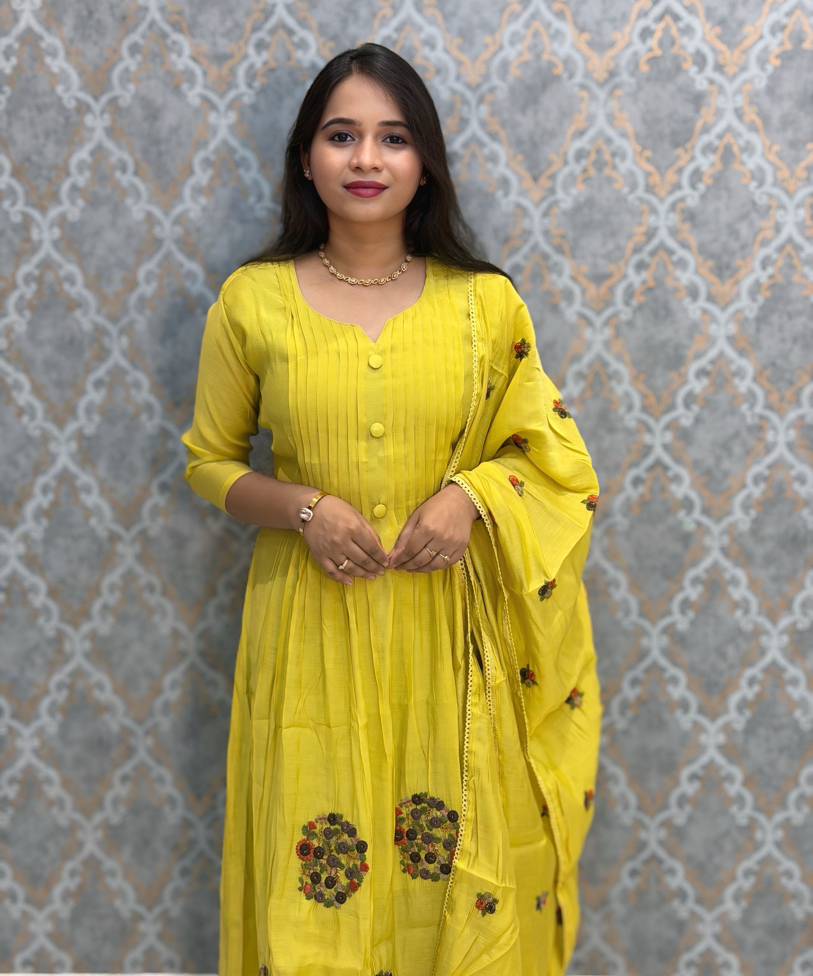 Mustard Yellow Color Premium Mul Chanderi Silk 3 Piece Salwar Set with Lining /  ESS413