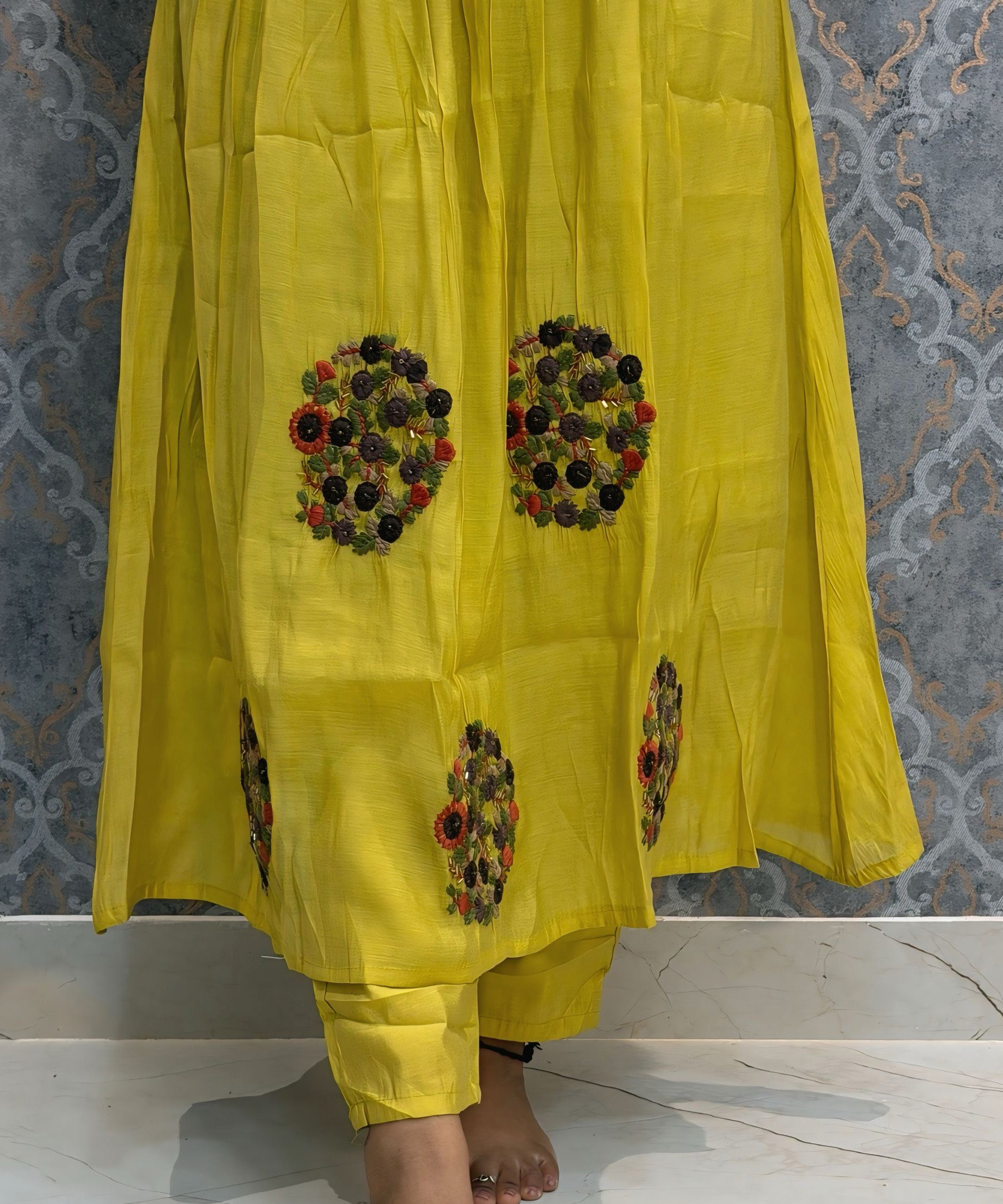 Mustard Yellow Color Premium Mul Chanderi Silk 3 Piece Salwar Set with Lining /  ESS413