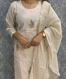 Soft Cream Color Premium Mul Chanderi Silk Designer Ethnic 3 Piece Salwar Set with Lining /  ESS391