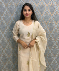 Soft Cream Color Premium Mul Chanderi Silk Designer Ethnic 3 Piece Salwar Set with Lining /  ESS391