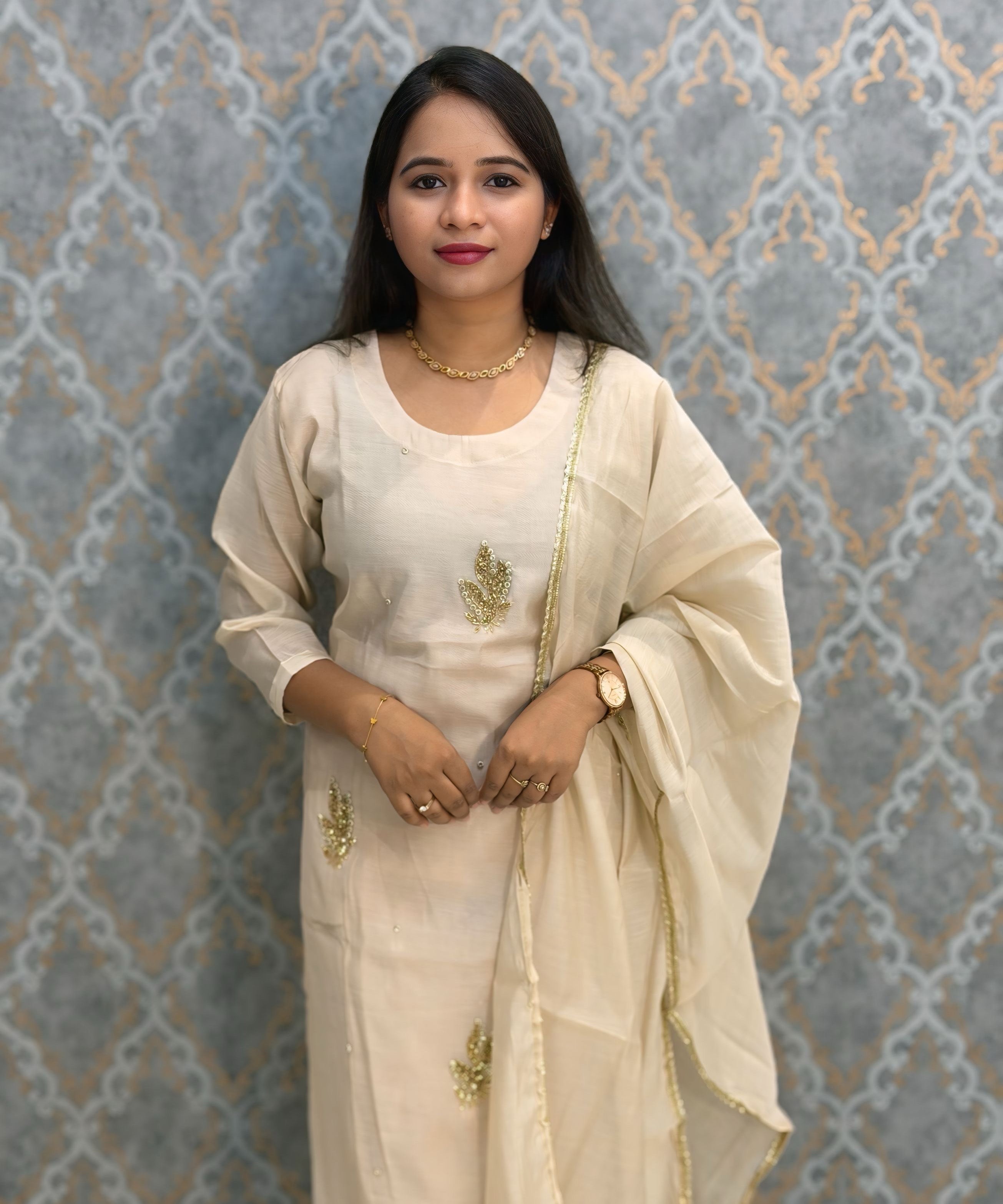 Soft Cream Color Premium Mul Chanderi Silk Designer Ethnic 3 Piece Salwar Set with Lining /  ESS391