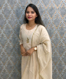 Soft Cream Color Premium Mul Chanderi Silk Designer Ethnic 3 Piece Salwar Set with Lining /  ESS391