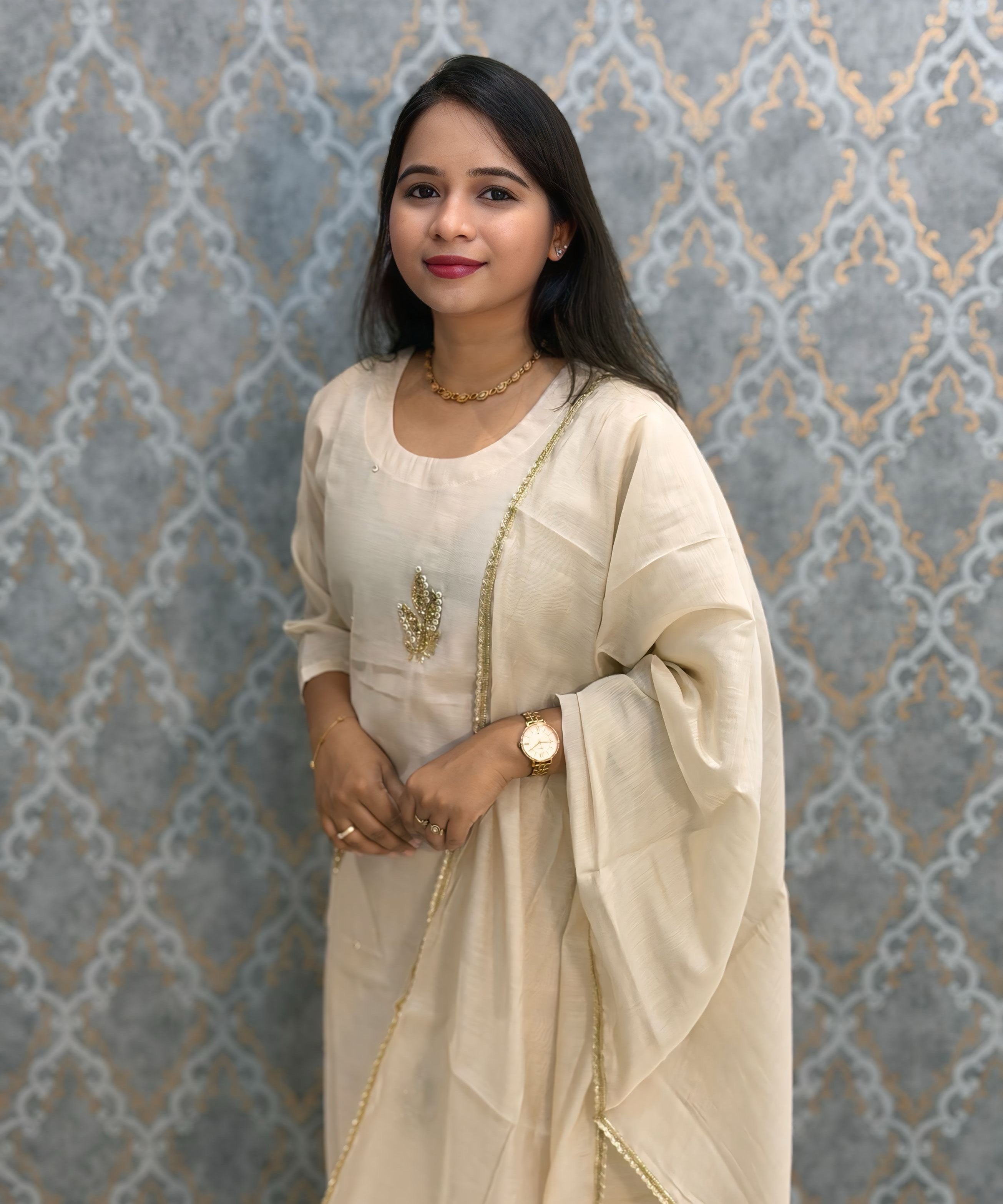 Soft Cream Color Premium Mul Chanderi Silk Designer Ethnic 3 Piece Salwar Set with Lining /  ESS391