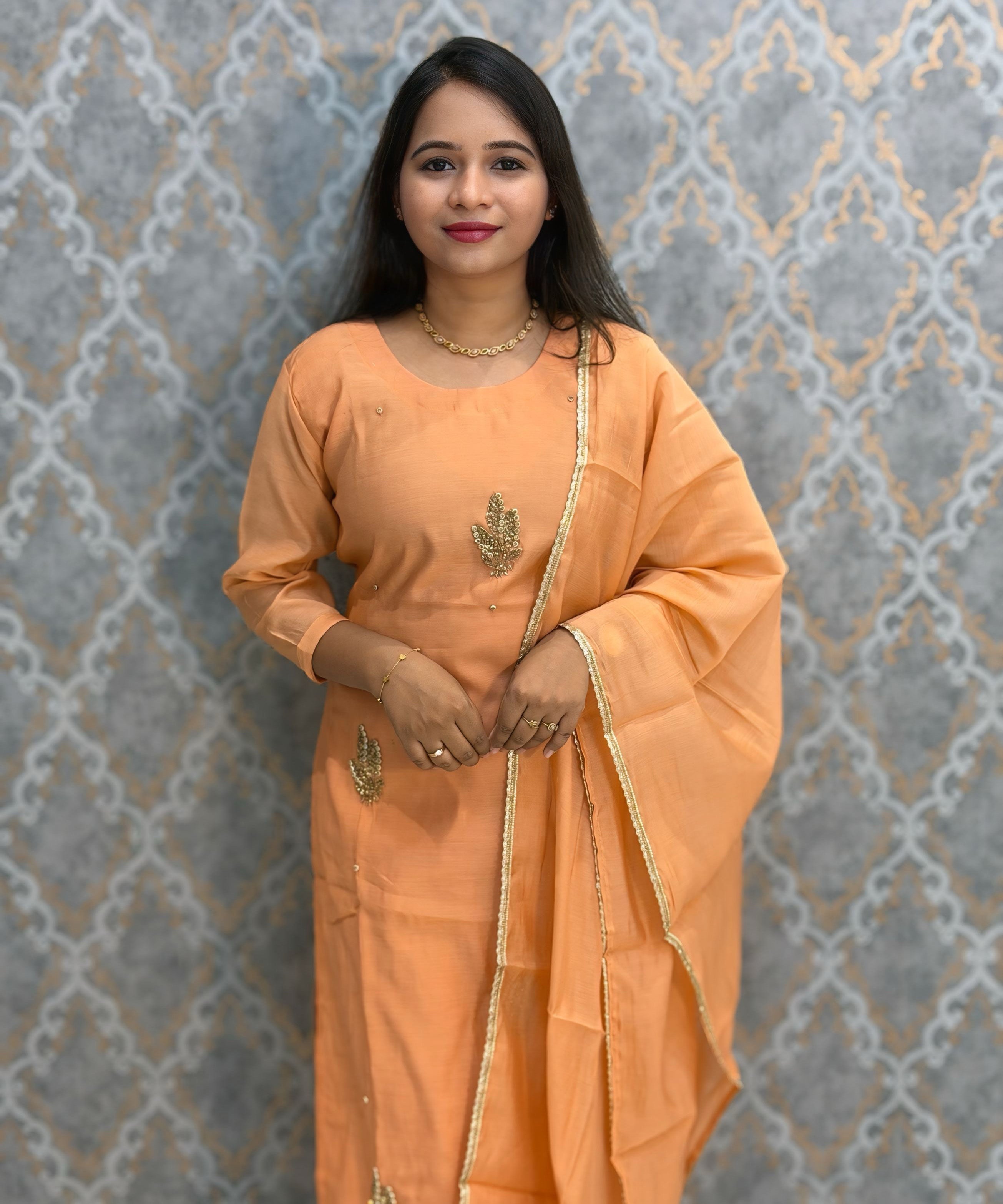 Pastel Orange Color Premium Mul Chanderi Silk Designer Ethnic 3 Piece Salwar Set with Lining /  ESS391