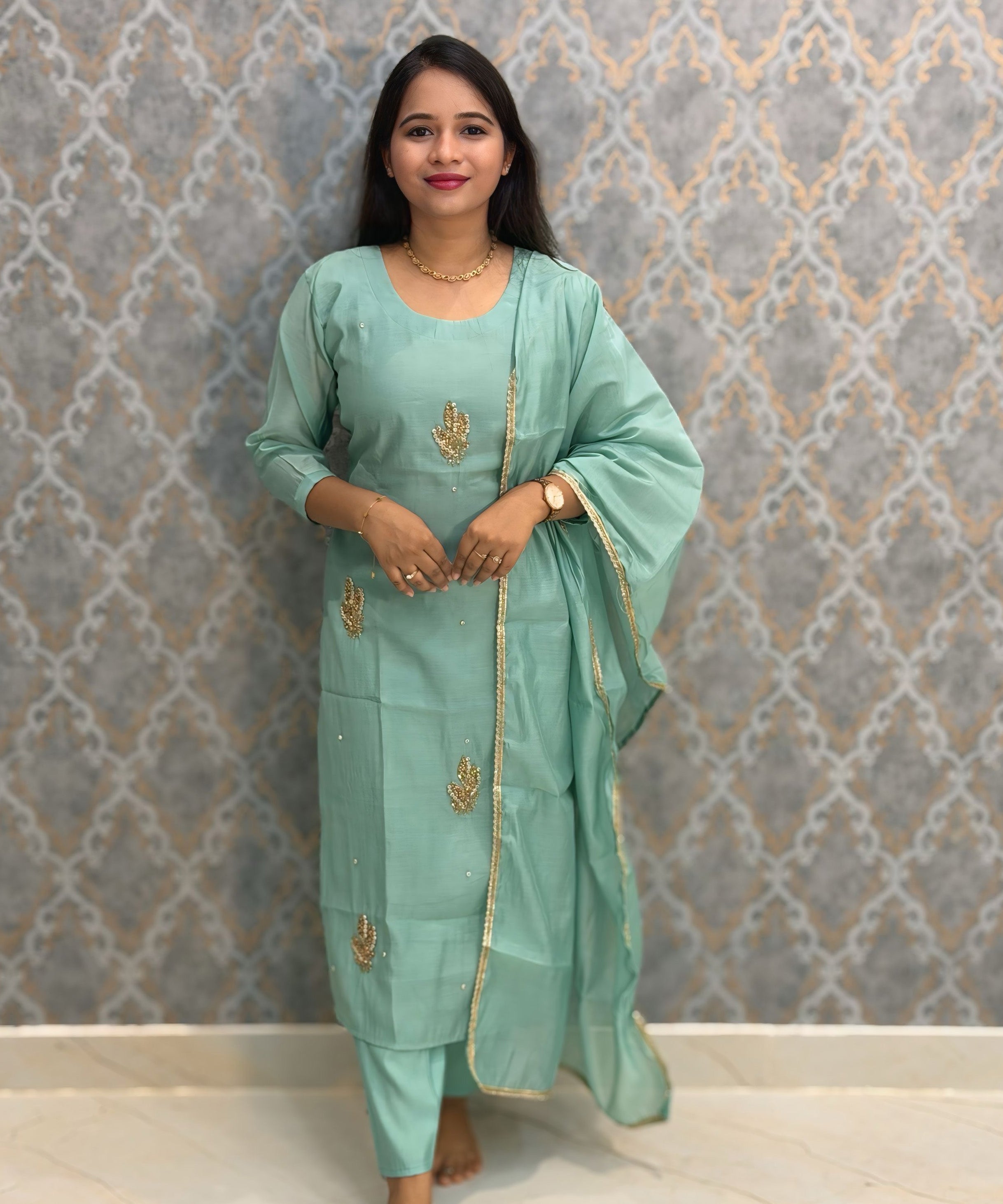 Pista Green Color Premium Mul Chanderi Silk Designer Ethnic 3 Piece Salwar Set with Lining /  ESS391