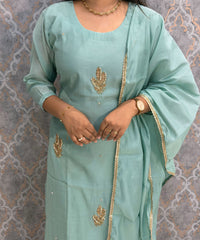 Pista Green Color Premium Mul Chanderi Silk Designer Ethnic 3 Piece Salwar Set with Lining /  ESS391