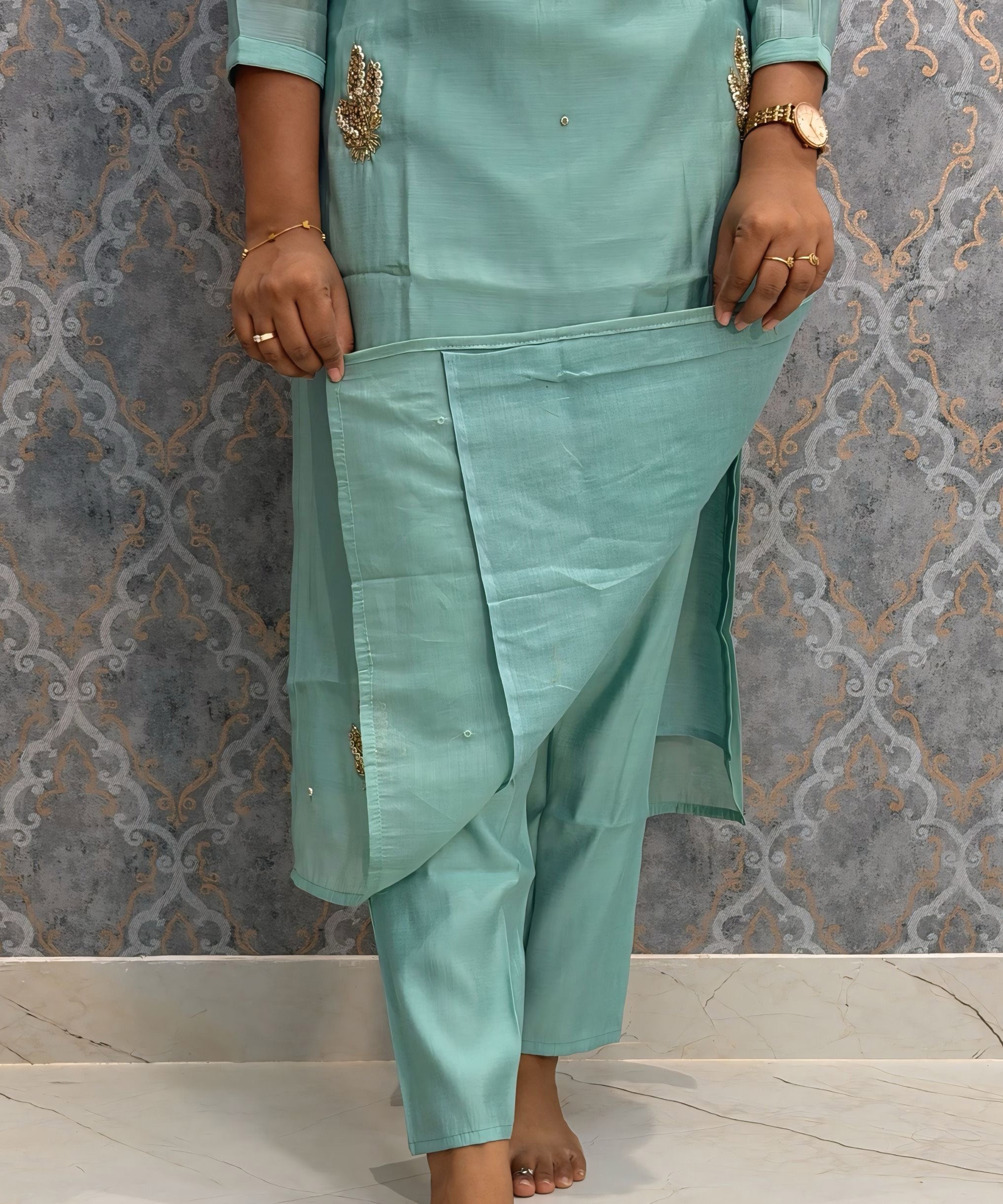 Pista Green Color Premium Mul Chanderi Silk Designer Ethnic 3 Piece Salwar Set with Lining /  ESS391