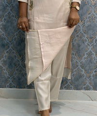 Soft Cream Color Premium Mul Chanderi Silk Designer Ethnic 3 Piece Salwar Set with Lining /  ESS391