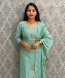Pista Green Color Premium Mul Chanderi Silk Designer Ethnic 3 Piece Salwar Set with Lining /  ESS391