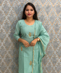 Pista Green Color Premium Mul Chanderi Silk Designer Ethnic 3 Piece Salwar Set with Lining /  ESS391
