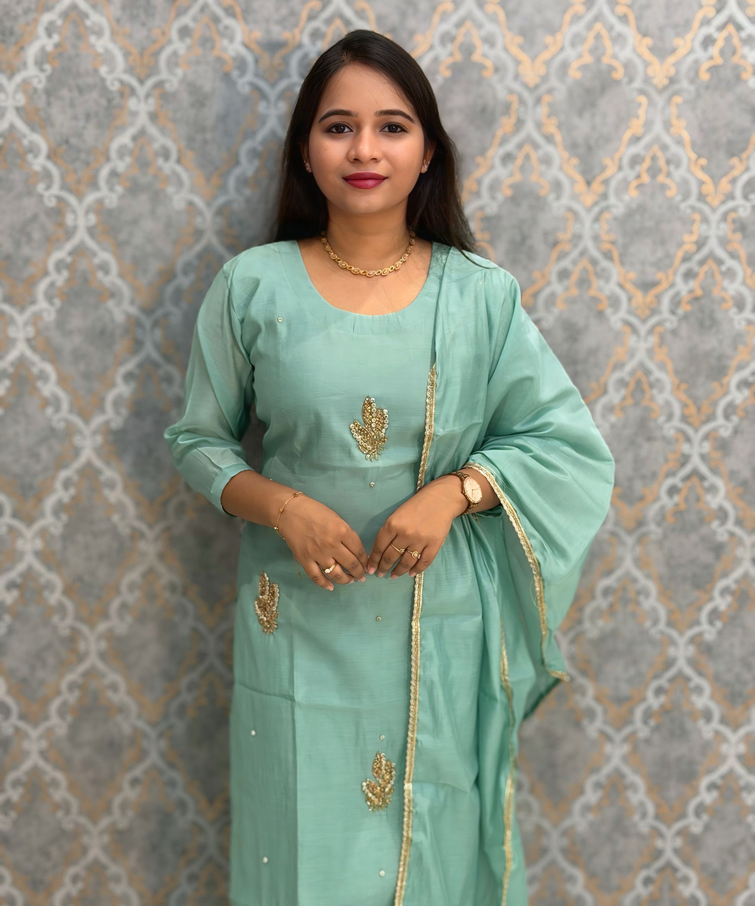 Pista Green Color Premium Mul Chanderi Silk Designer Ethnic 3 Piece Salwar Set with Lining /  ESS391