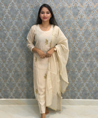 Soft Cream Color Premium Mul Chanderi Silk Designer Ethnic 3 Piece Salwar Set with Lining /  ESS391