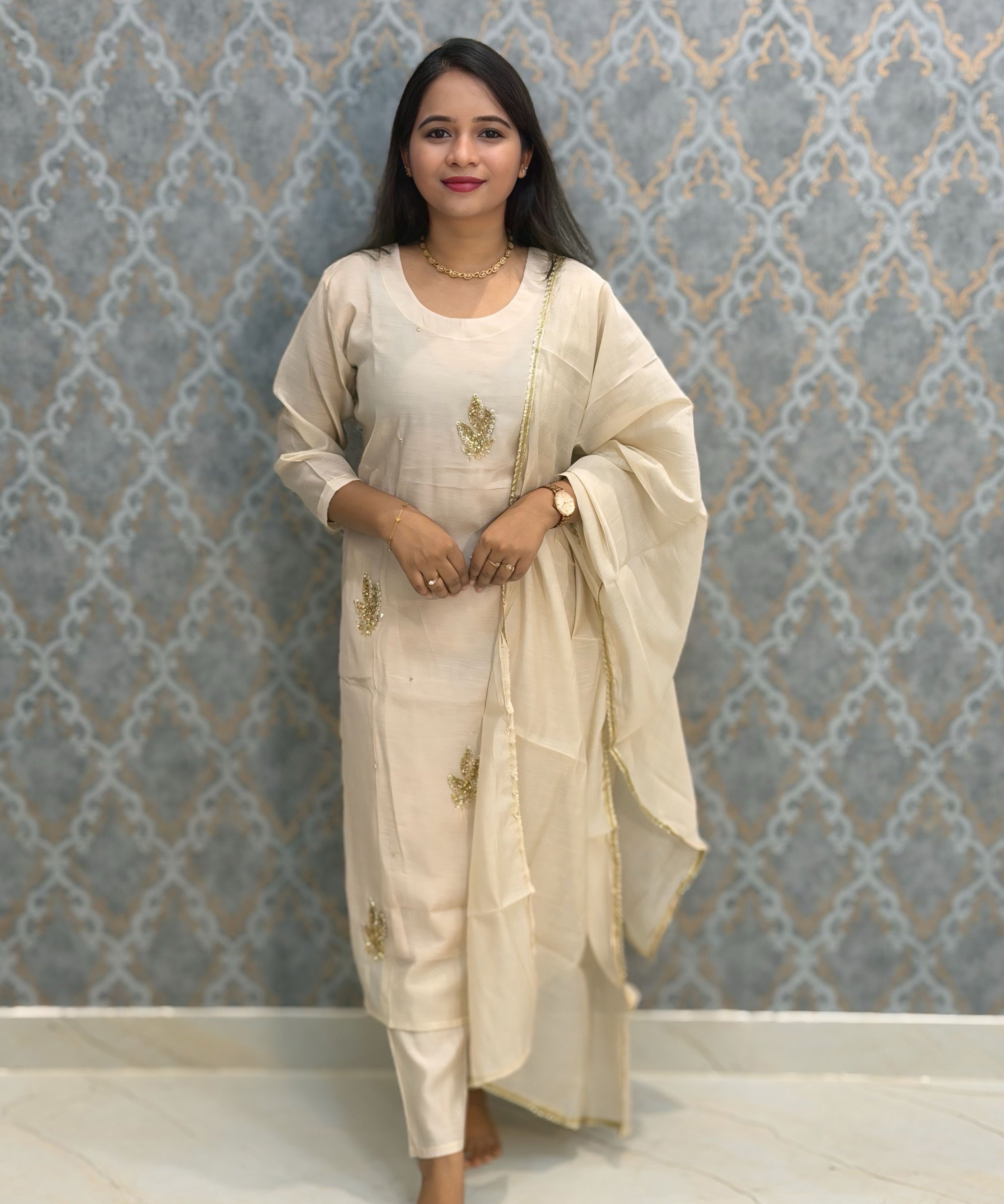 Soft Cream Color Premium Mul Chanderi Silk Designer Ethnic 3 Piece Salwar Set with Lining /  ESS391